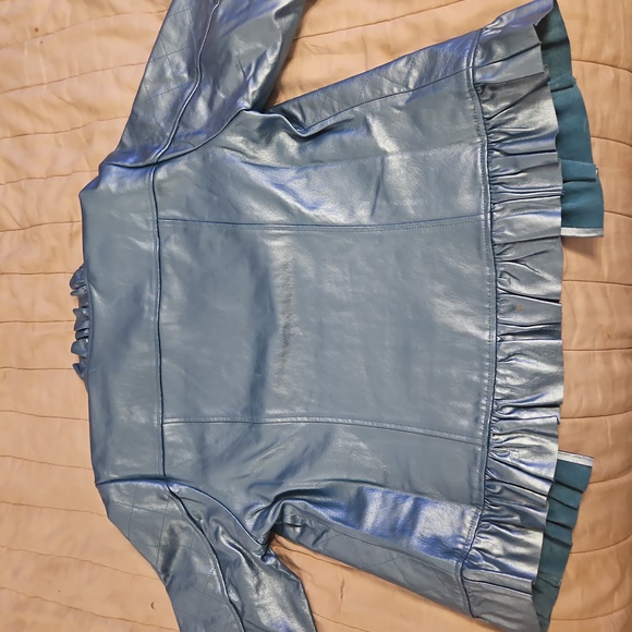 Elecrric Blue Leather Jacket with Ruffled Hem - Picture 5 of 9